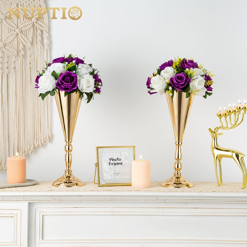 NUPTIO 2 Pcs Set Metal Wedding Flower Trumpet Vase Stand, 14 inch Table Decorative Centerpiece Artificial Flower Arrangements for Anniversary Ceremony Party Birthday Event Aisle Home Decoration (Gold) - Image 2